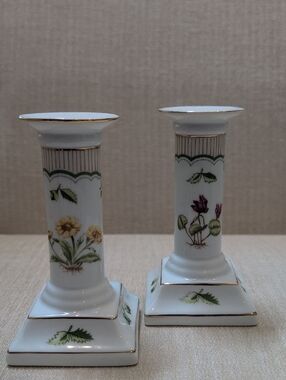 Porcelain Floral Candle Holders - White with Green and Floral Accents